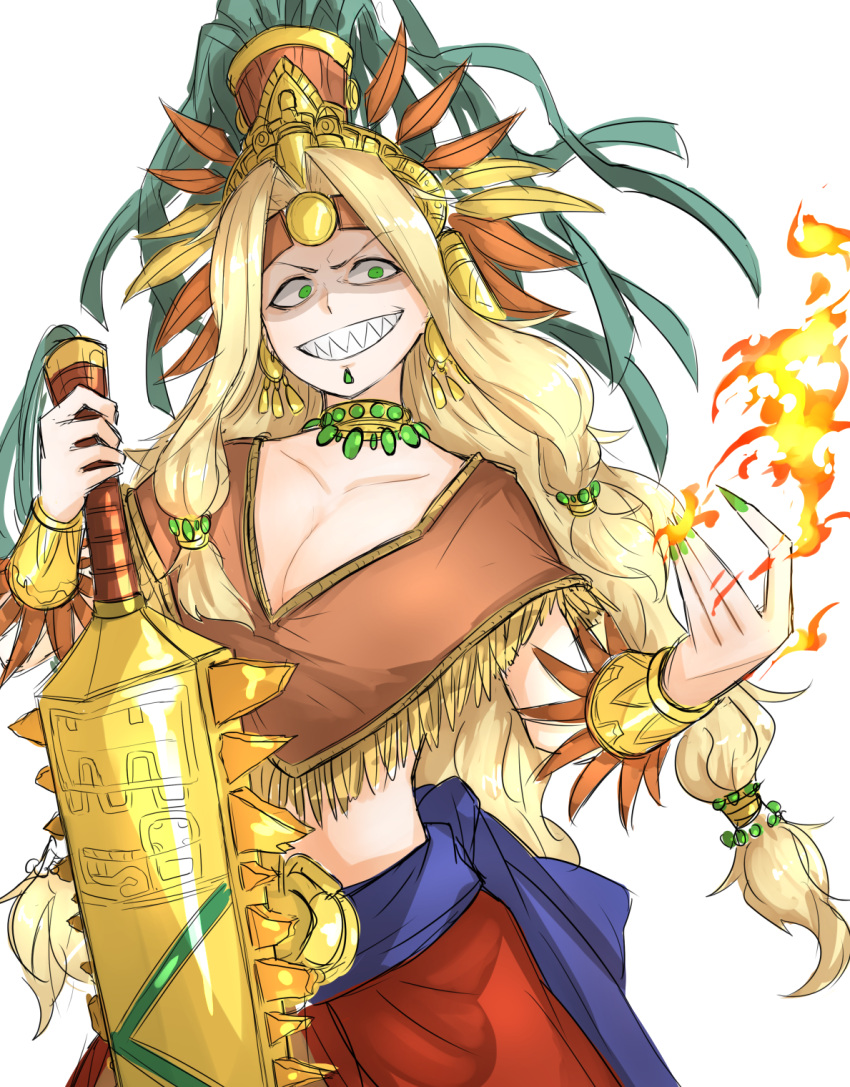 1girl aztec blonde_hair bracer breasts circlet cleavage commentary_request earrings evil_grin evil_smile fate/grand_order fate_(series) fingernails fire green_eyes green_nails grin headdress highres holding holding_weapon jewelry kan_(aaaaari35) long_hair macuahuitl midriff nail_polish necklace poncho quetzalcoatl_(fate/grand_order) shaded_face sharp_fingernails sharp_teeth smile solo sword teeth weapon