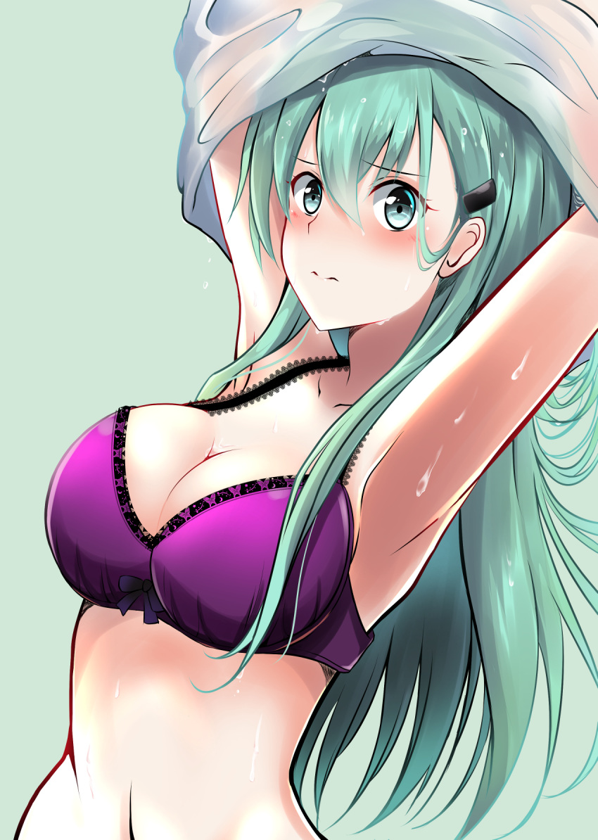 1girl amagami_(makise_tsubaki) aqua_eyes aqua_hair armpits arms_up blush bra breasts cleavage hair_ornament hairclip highres kantai_collection large_breasts long_hair looking_at_viewer purple_bra solo suzuya_(kantai_collection) sweat sweatdrop underwear undressing wet wet_clothes