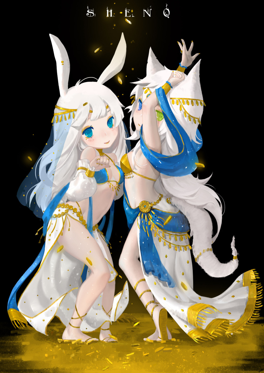 2girls animal_ears arms_up artist_name bikini_top blue_eyes blue_scarf breasts bunny_tail coin fox_ears fox_tail gold green_eyes heterochromia highres jewelry long_hair multiple_girls navel original pelvic_curtain rabbit_ears ring sandals scarf shenq small_breasts smile tail veil white_hair