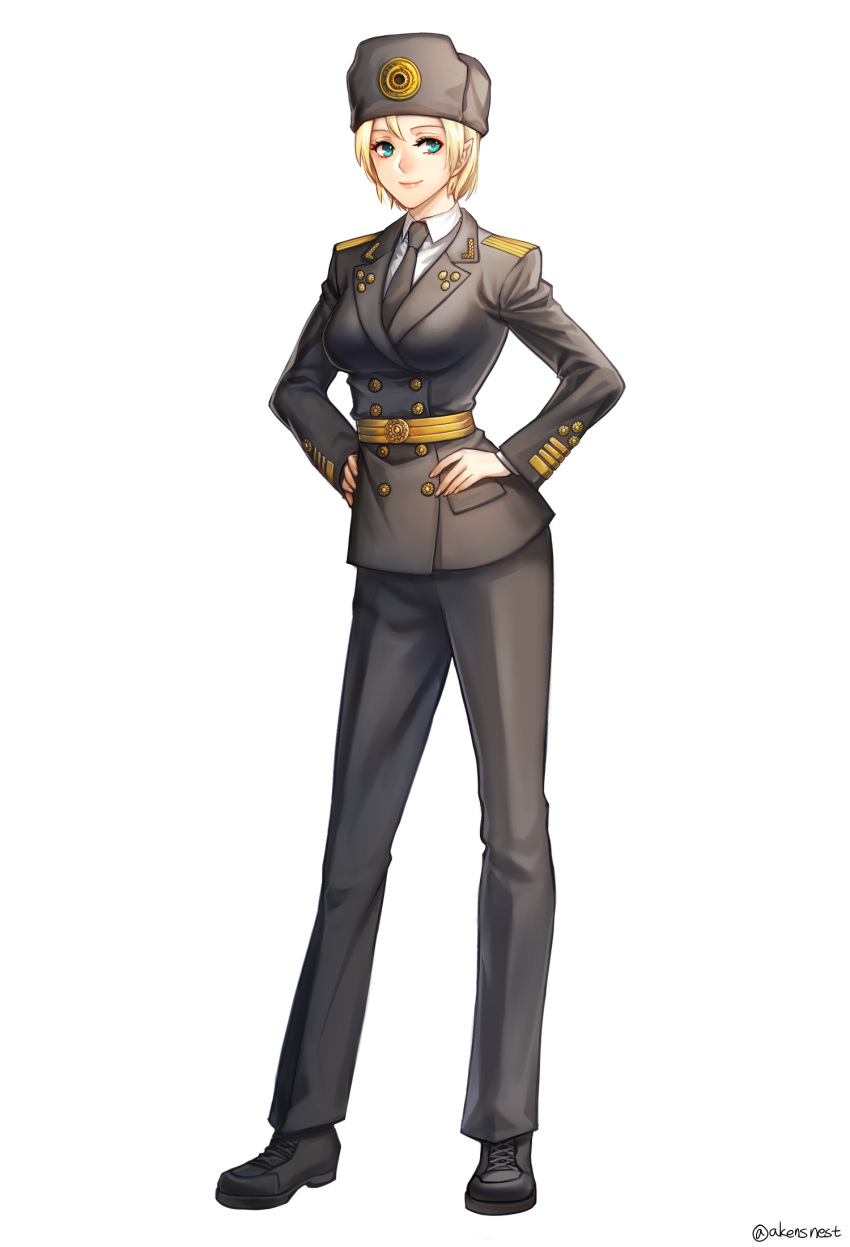 1girl aken black_necktie black_shoes blonde_hair blue_eyes breasts closed_mouth dungeon_and_fighter epaulettes formal full_body hands_on_hips hat highres large_breasts long_sleeves looking_at_viewer military military_uniform necktie pant_suit pointy_ears shoes short_hair smile solo standing suit uniform