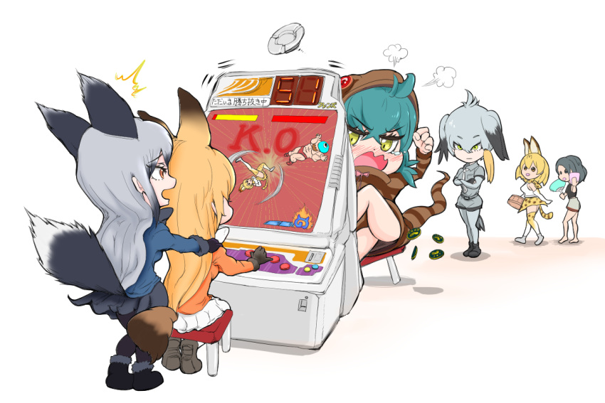 6+girls animal_ears arcade_cabinet ashtray bird_tail bird_wings black_gloves black_hair blonde_hair blush cerulean_(kemono_friends) crossed_arms elbow_gloves ezo_red_fox_(kemono_friends) fan fox_ears fox_tail gloves green_eyes guile head_wings japari_coin kaban_(kemono_friends) kemono_friends long_hair makosu_(toilet_mania) multiple_girls necktie pantyhose serval_(kemono_friends) serval_ears serval_print serval_tail shoebill_(kemono_friends) short_hair shorts silver_fox_(kemono_friends) silver_hair sitting skirt snake_tail stool striped_hoodie striped_tail tail tearing_up thigh-highs tsuchinoko_(kemono_friends) white_gloves wings yellow_eyes zangief