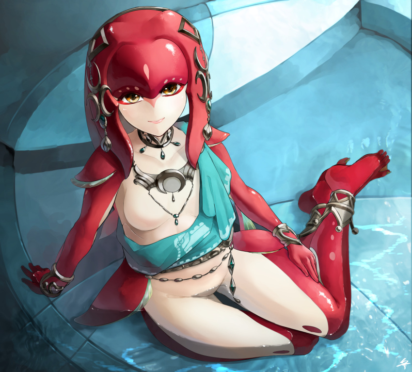 1girl anklet arm_support bracelet bracer breasts brown_eyes cape choker closed_mouth eyeliner fins fish_girl full_body groin hair_ornament highres jewelry light_smile looking_at_viewer makeup medium_breasts mipha monster_girl necklace no_nipples nude ornament partially_submerged pendant rati_(absoluteblue) red_skin redhead sash signature sitting smile solo tentacle_hair the_legend_of_zelda the_legend_of_zelda:_breath_of_the_wild thigh_gap two-tone_skin water yokozuwari zora