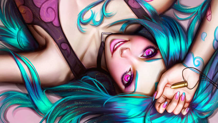 1girl :d aqua_hair arm_up armpits artist_name ayya_saparniyazova bare_shoulders bullet choker collarbone dress eyebrows eyeshadow fingernails flat_chest grin hand_on_forehead highres holding jewelry jinx_(league_of_legends) league_of_legends long_fingernails long_hair looking_at_viewer looking_up lying makeup nail_polish necklace necklace_removed on_back open_mouth palms pendant pink_eyes pink_lips pink_nails purple_dress revision shell_casing signature sleeveless sleeveless_dress smile solo tank_top tattoo teeth thick_eyebrows upper_body upside-down watermark web_address