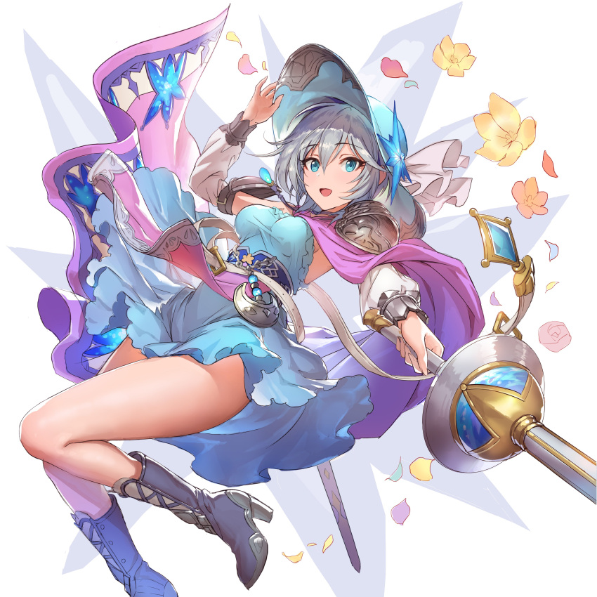 1girl absurdres anastasia_(idolmaster) baby-doll blue_eyes boots cape dress elbow_gloves flower gloves granblue_fantasy granblue_fantasy_(style) hat high_heel_boots high_heels highres holding holding_weapon idolmaster idolmaster_cinderella_girls jewelry knee_boots necklace rapier revision scabbard sheath short_dress short_hair shoulder_pads silver_hair smile solo sparkle sword weapon