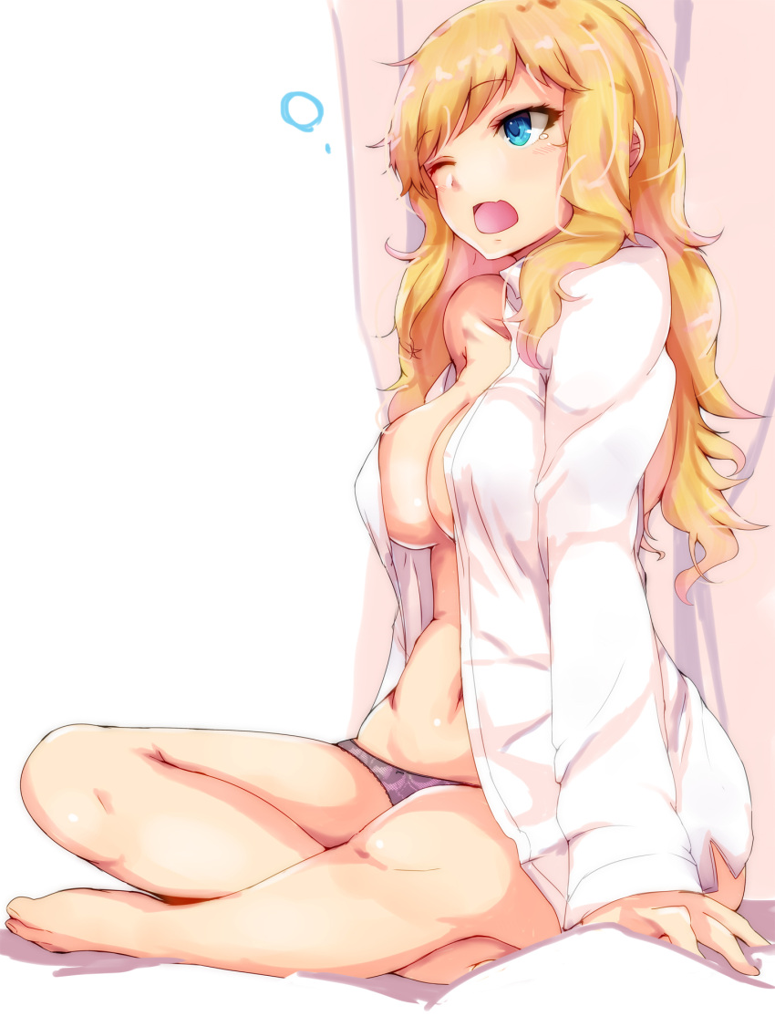 1girl bare_legs barefoot blonde_hair blue_eyes breasts center_opening cleavage collarbone highres idolmaster idolmaster_cinderella_girls indian_style large_breasts long_hair long_sleeves no_bra off_shoulder one_eye_closed ootsuki_yui open_clothes open_mouth open_shirt panties purple_panties ryuu. shirt sitting solo tears underwear waking_up wavy_hair white_shirt