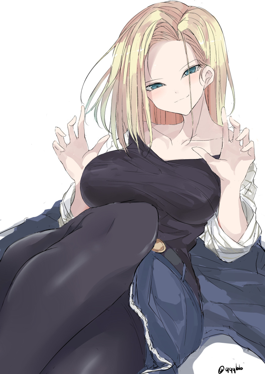 absurdres android_18 black_legwear black_shirt blonde_hair blue_eyes blush breasts collarbone dragon_ball dragon_ball_z dragonball_z highres jacket large_breasts looking_at_viewer nao_(qqqbb) pantyhose shirt simple_background skirt smile twitter_username white_background