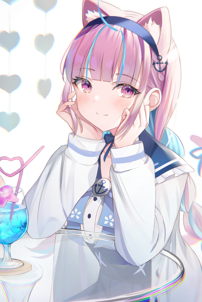 1girl ahoge anchor_hair_ornament animal_ear_fluff animal_ears bangs blue_bow blue_bowtie blue_hair blue_hairband blue_sailor_collar blue_skirt blunt_bangs blush bow bowtie braid cat_ears closed_mouth crazy_straw cup drink drinking_glass drinking_straw extra_ears eyebrows_visible_through_hair frilled_sailor_collar frills hair_ornament hairband hand_on_own_chest head_rest high-waist_skirt highres hololive jacket long_hair looking_at_viewer minato_aqua multicolored_hair open_clothes open_jacket pink_eyes pink_hair sailor_collar shirt sisoha skirt smile solo two-tone_hair virtual_youtuber white_jacket white_shirt