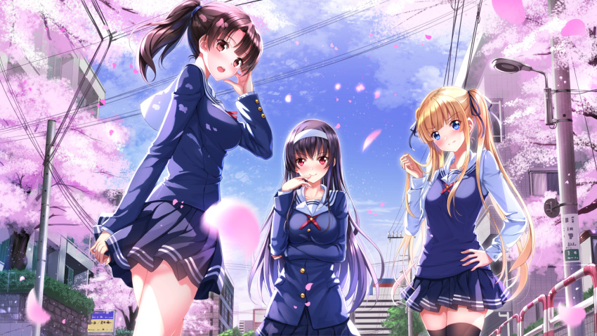 3girls black_hair black_legwear blonde_hair blue_eyes blurry blush breast_hold breasts brown_eyes brown_hair building cherry_blossoms day depth_of_field elooking_at_viewer hair_ribbon hairband hand_on_hip highres kasumigaoka_utaha katou_megumi large_breasts long_hair looking_at_viewer miniskirt multiple_girls open_mouth outdoors pantyhose pleated_skirt red_eyes ribbon road saenai_heroine_no_sodatekata sailor_collar sawamura_spencer_eriri school_uniform short_hair skirt smile street swordsouls thigh-highs twintails wind