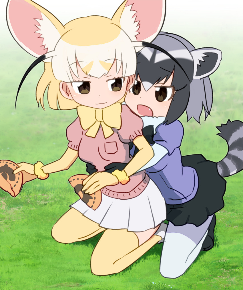 2girls :3 animal_ears black_footwear black_hair black_ribbon black_shoes black_skirt blue_shirt blush breast_pocket brown_eyes brown_hair collar d: dot_nose eyebrow_twitching eyebrows_visible_through_hair eyelashes fang fennec_(kemono_friends) food fox_ears fox_tail full_body fur_collar fur_trim gloves grass grey_hair hair_between_eyes hands_on_another's_stomach highres holding holding_food hug hug_from_behind japari_bun jitome kemono_friends looking_at_another looking_to_the_side multicolored_hair multiple_girls neck_ribbon open_mouth outdoors pantyhose pink_sweater pleated_skirt pocket puffy_short_sleeves puffy_sleeves raccoon_(kemono_friends) raccoon_ears raccoon_tail ribbon sat-c shadow shiny shiny_skin shirt shoes short_hair short_sleeve_sweater short_sleeves skirt smile squatting striped_tail sweater tail thigh-highs tsurime white_footwear white_hair white_legwear white_shoes white_skirt yellow_gloves yellow_legwear yellow_ribbon zettai_ryouiki