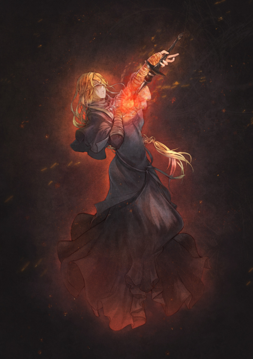 1girl absurdres bandage blonde_hair dark_souls dark_souls_iii dress face_mask fire fire_keeper highres long_hair mask souls_(from_software) sword weapon