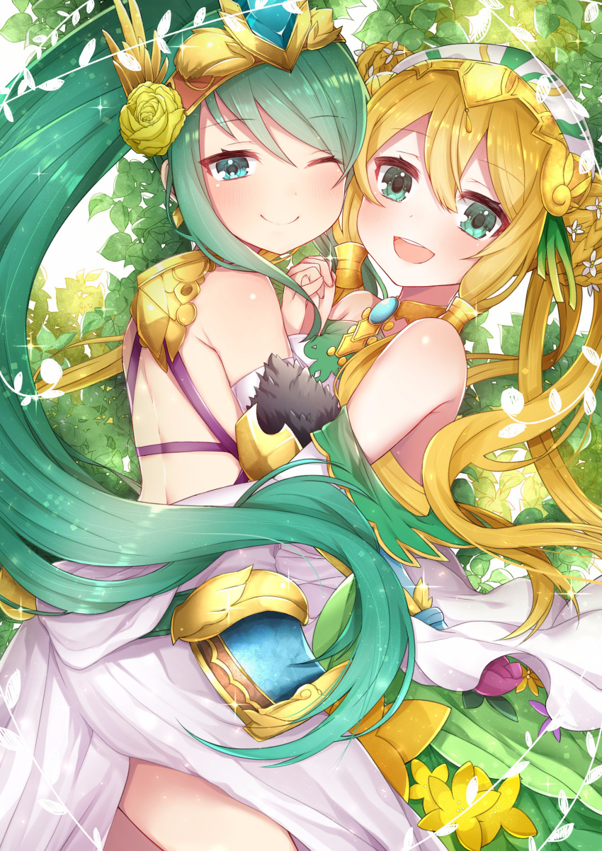 2girls :d ;) absurdres akiran'nu artemis_(p&amp;d) bangs bare_back bare_shoulders blush c: cowboy_shot dress eyebrows_visible_through_hair floating_hair flower freyja_(p&amp;d) hair_flower hair_ornament hand_holding highres interlocked_fingers long_hair looking_at_viewer multiple_girls one_eye_closed open-back_dress open_mouth ponytail puzzle_&amp;_dragons smile teeth tiara twintails white_dress yellow_flower