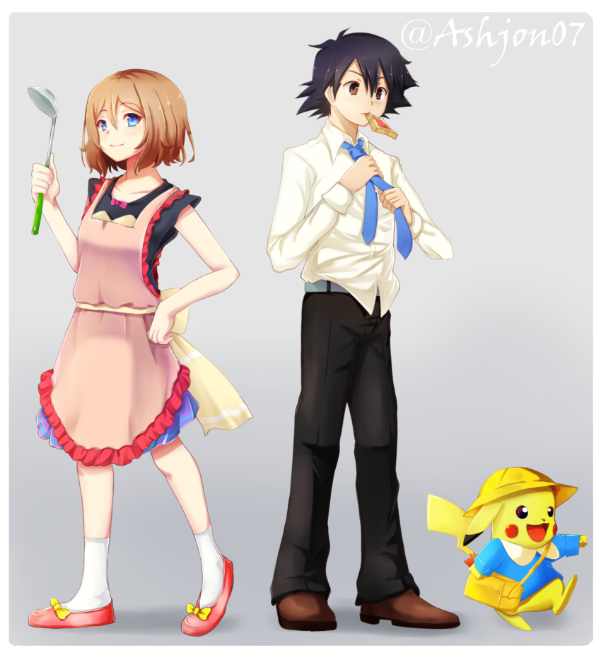 arpon ashujou bag black_hair blonde_hair blue_eyes bread brown_eyes food hat highres necktie pants pikachu pokemon pokemon_(anime) pokemon_(game) pokemon_xy satoshi_(pokemon) serena_(pokemon) shirt short_hair