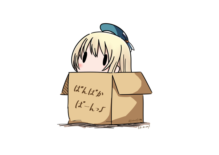 1girl 2017 absurdres atago_(kantai_collection) beret blonde_hair box cardboard_box dated hat hatsuzuki_527 highres in_box in_container kantai_collection long_hair pan-pa-ka-paaan! simple_background solid_oval_eyes solo translated twitter_username white_background
