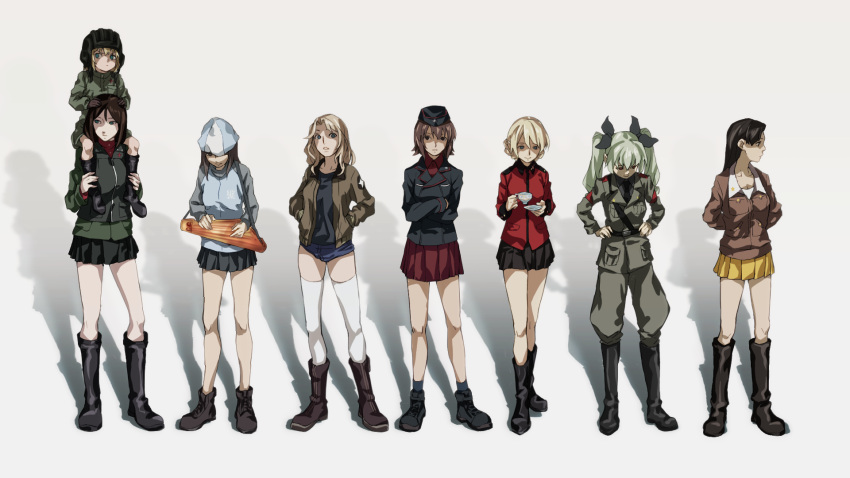 6+girls anchovy ankle_boots anzio_military_uniform arms_behind_back asymmetrical_bangs bangs belt black_boots black_hair black_hat black_jacket black_legwear black_necktie black_ribbon black_shirt black_skirt black_vest blonde_hair blue_boots blue_eyes blue_hat blue_jacket blue_shorts blue_skirt boots brown_eyes brown_hair brown_jacket carrying chi-hatan_military_uniform commentary crossed_arms cup darjeeling denim denim_shorts dress_shirt emblem epaulettes full_body garrison_cap ghost_in_the_shell ghost_in_the_shell_lineup ghost_in_the_shell_stand_alone_complex girls_und_panzer green_jacket grey_jacket grey_pants hair_ribbon hands_in_pockets hands_on_hips hat helmet highres holding instrument jacket kantele katyusha kay_(girls_und_panzer) keizoku_military_uniform knee_boots kuromorimine_military_uniform long_hair long_sleeves looking_at_viewer mika_(girls_und_panzer) military military_hat military_uniform miniskirt multiple_girls necktie nishi_kinuyo nishizumi_maho nonna odd_one_out pants pleated_skirt pravda_military_uniform raglan_sleeves red_jacket red_shirt red_skirt ribbon saucer saunders_military_uniform school_uniform seven_(seven8xxx) shadow shirt short_hair short_jumpsuit short_shorts shorts shoulder_belt shoulder_carry skirt socks st._gloriana's_military_uniform standing star swept_bangs teacup thigh-highs track_jacket trait_connection turtleneck uniform vest wallpaper white_legwear yellow_skirt
