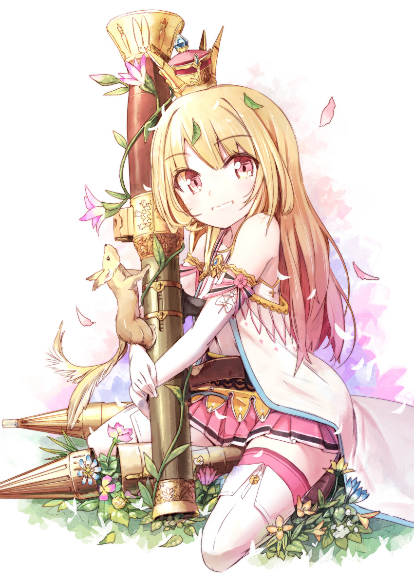 1girl animal bazooka blonde_hair boots elbow_gloves eyebrows_visible_through_hair flower gloves grin highres kneeling long_hair looking_at_viewer miniskirt original petals pink_legwear pink_skirt pleated_skirt pomon_illust red_eyes simple_background skirt smile solo thigh-highs thigh_boots very_long_hair weapon white_background white_boots white_gloves