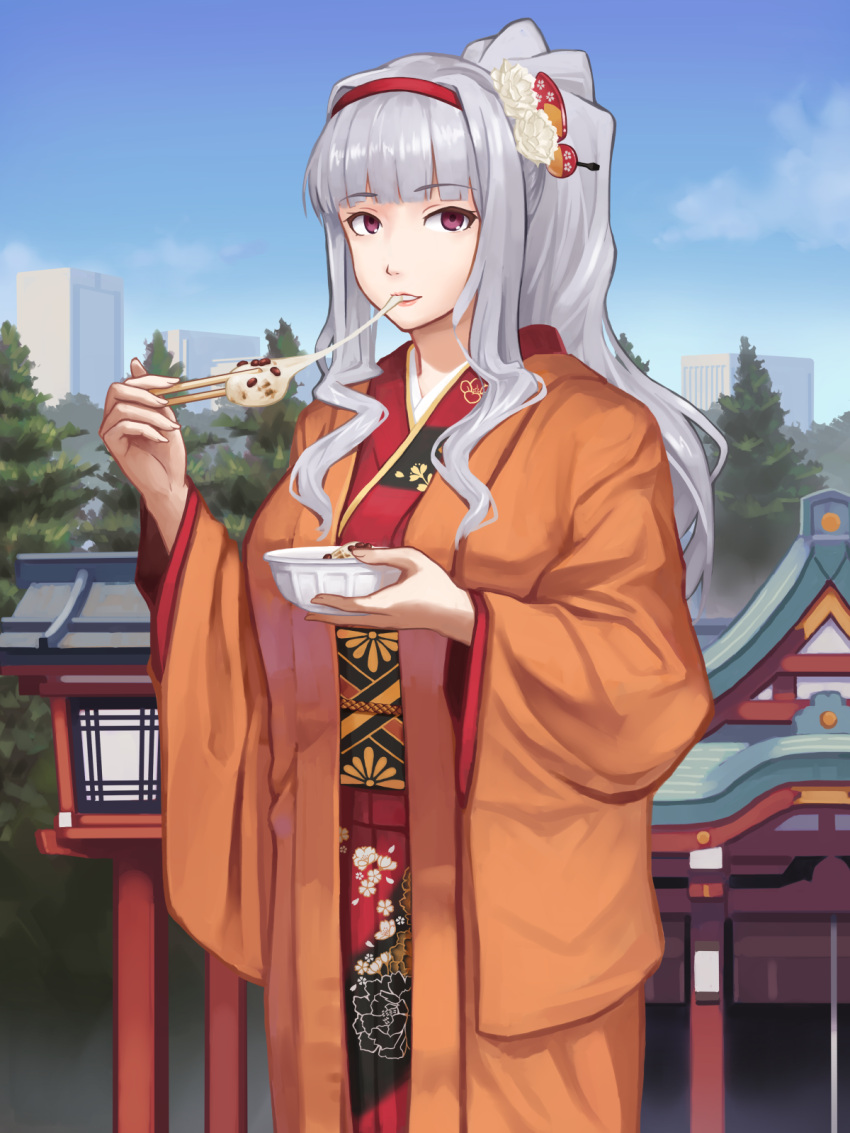 1girl bowl building chopsticks clouds day eating eyebrows_visible_through_hair floral_print flower hair_flower hair_ornament hairband highres holding idolmaster japanese_clothes kimono long_hair long_sleeves looking_at_viewer mikado_(winters) outdoors parted_lips ponytail red_eyes revision shijou_takane shiruko_(food) shrine silver_hair sky solo tree wide_sleeves