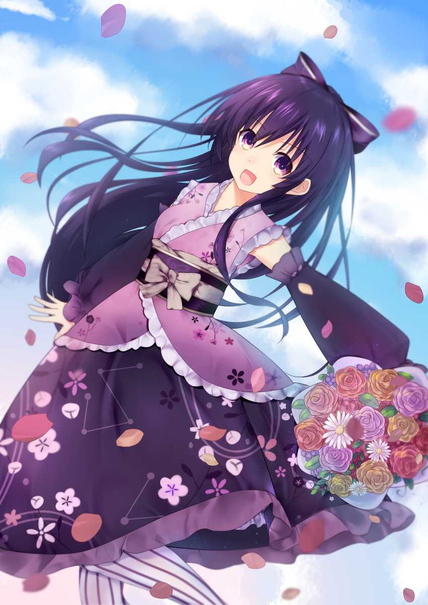 1girl 2017 :d absurdres bow character_name clouds cloudy_sky date_a_live day detached_sleeves dutch_angle floating_hair hair_bow happy_birthday highres japanese_clothes kimono long_hair looking_at_viewer mo_(pixiv9929995) open_mouth outdoors purple_bow purple_hair purple_kimono sky sleeveless sleeveless_kimono smile solo standing striped striped_legwear vertical-striped_legwear vertical_stripes very_long_hair violet_eyes yatogami_tooka