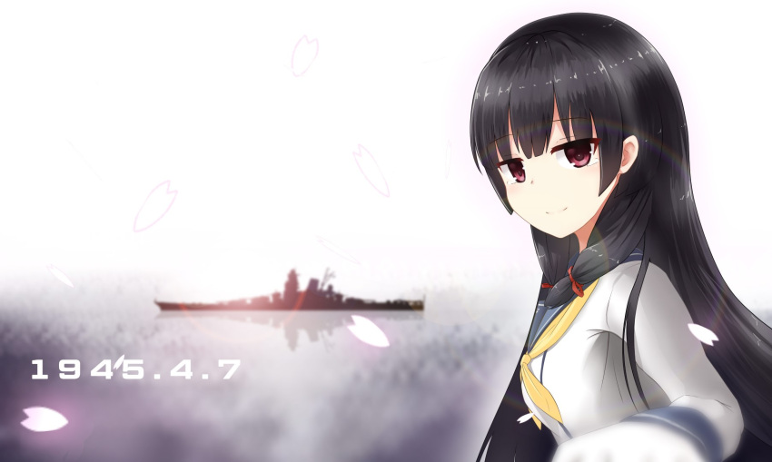1945 1girl anniversary bangs black_hair blurry blush breasts dated depth_of_field driftkingtw eyebrows_visible_through_hair from_side gloves hair_ribbon highres isokaze_(kantai_collection) kantai_collection lens_flare long_hair long_sleeves looking_at_viewer looking_to_the_side neckerchief petals red_ribbon ribbon sad_smile school_uniform serafuku ship silhouette solo tears tress_ribbon upper_body watercraft white_gloves yamato_(battleship) yellow_neckerchief
