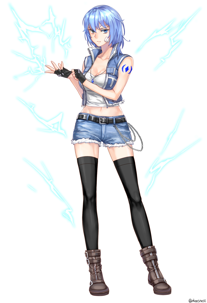 &gt;:( 1girl adjusting_clothes adjusting_gloves aken bandage_on_face bangs bare_shoulders belt black_boots black_gloves black_legwear blue_eyes blue_hair blue_jacket boots breasts chains cleavage closed_mouth collarbone cropped_jacket cutoffs denim denim_shorts dungeon_and_fighter fingerless_gloves full_body gloves highres jacket jewelry looking_at_viewer medium_breasts navel original pendant short_shorts shorts sleeveless_jacket solo standing strapless tattoo thigh-highs tubetop twitter_username