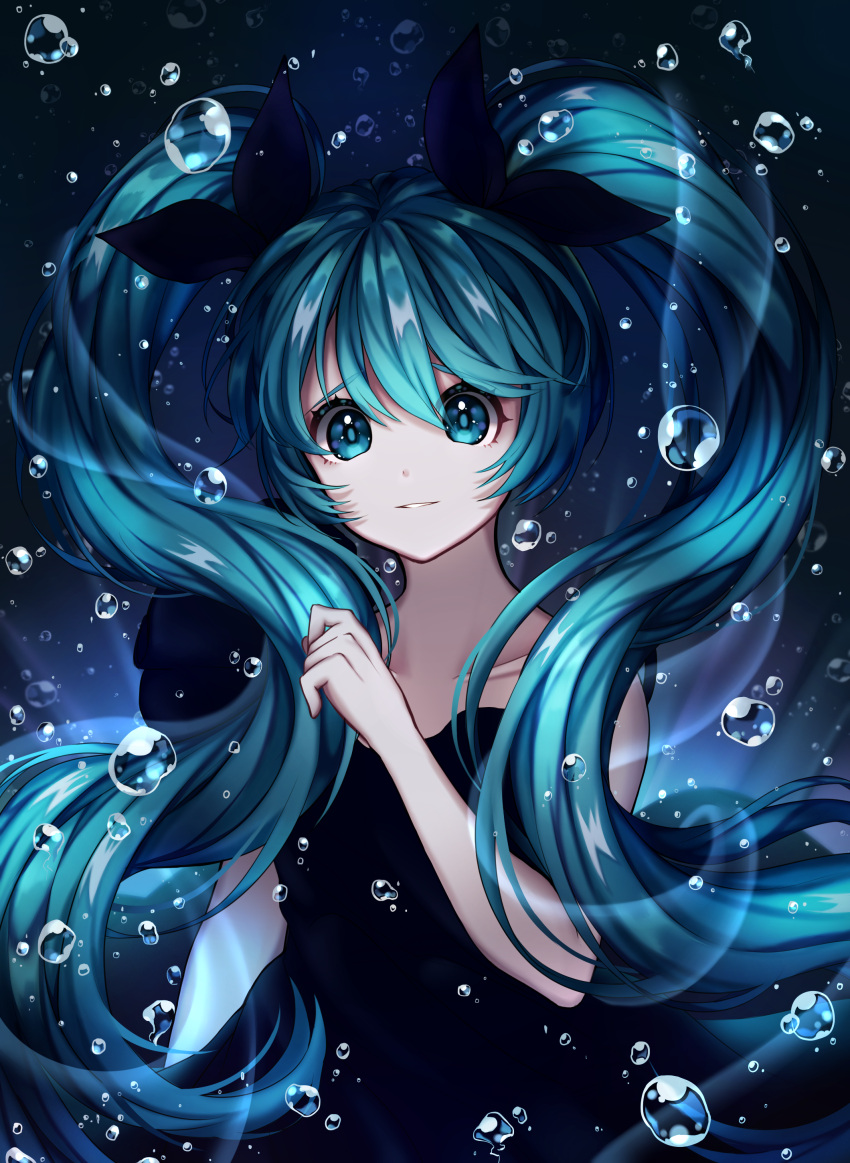 1girl absurdres air_bubble bangs bare_arms black_bow black_dress blue_eyes blue_hair bow collarbone dress eyebrows_visible_through_hair hair_between_eyes hair_bow hatsune_miku highres long_hair looking_at_viewer nichya parted_lips shadow shinkai_shoujo_(vocaloid) smile solo submerged teeth twintails underwear upper_body very_long_hair vocaloid