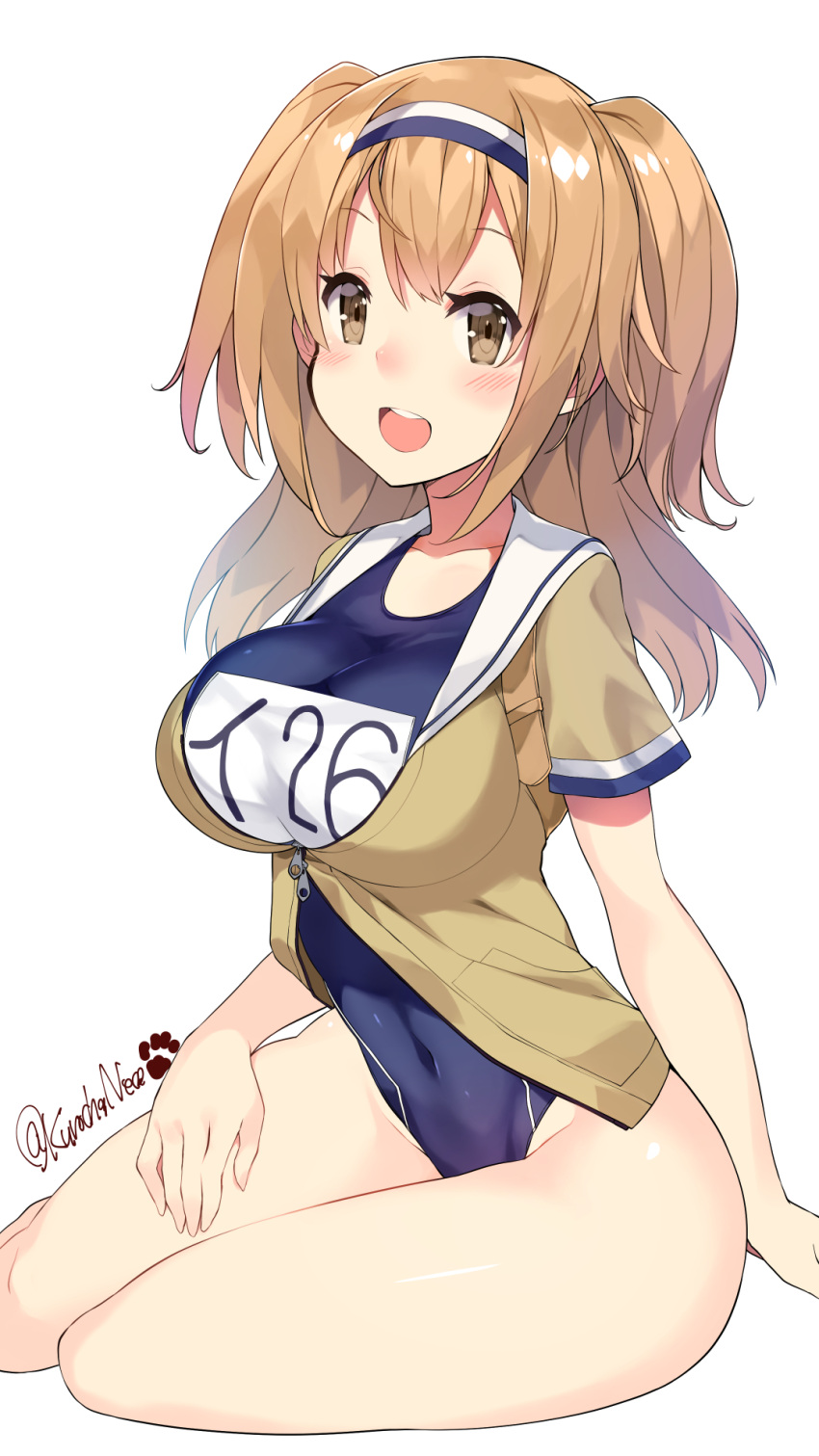 1girl :d breasts brown_eyes clothes_writing hairband highres i-26_(kantai_collection) kantai_collection kuro_chairo_no_neko large_breasts light_brown_eyes light_brown_hair looking_at_viewer name_tag new_school_swimsuit one-piece_swimsuit open_mouth sailor_collar school_swimsuit short_sleeves signature smile solo swimsuit swimsuit_under_clothes twitter_username two-tone_hairband two_side_up