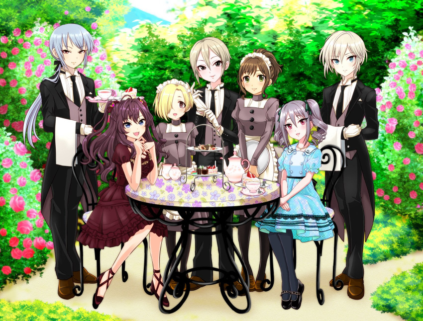 6+girls adjusting_clothes adjusting_gloves anastasia_(idolmaster) black_hair black_legwear blonde_hair blue_eyes brown_eyes brown_hair butler cake commentary_request crossdressinging cup dress drill_hair flower food gloves highres ichinose_shiki idolmaster idolmaster_cinderella_girls kanzaki_ranko long_hair looking_at_viewer maekawa_miku maid maid_headdress multiple_girls necktie ponytail popon_ta red_eyes shiomi_shuuko shirasaka_koume short_hair silver_hair sleeves_past_wrists smile table takamine_noa tea_set teacup teapot twin_drills white_gloves