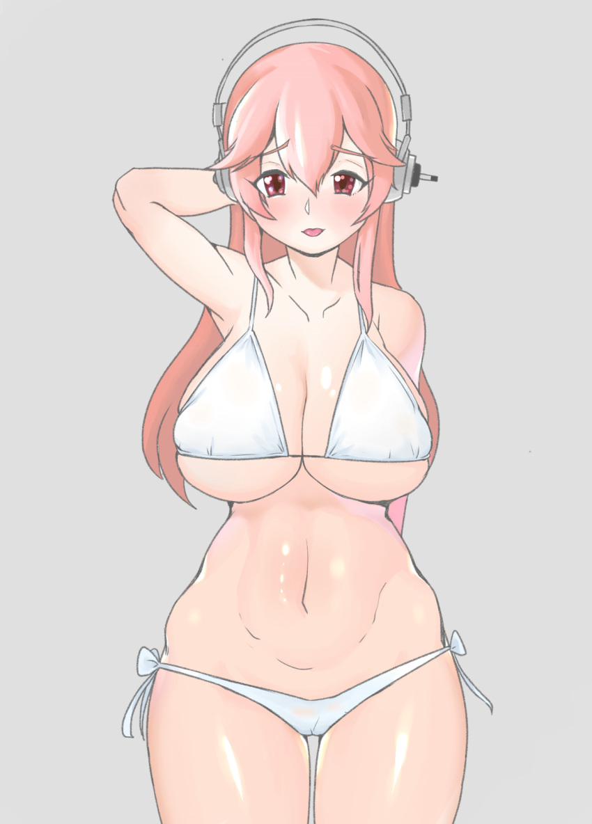 1girl :p arm_up armpits bikini blush breasts cleavage hand_behind_head headphones highres large_breasts long_hair looking_at_viewer moebell navel nitroplus pink_eyes pink_hair smile solo super_sonico swimsuit tongue tongue_out white_bikini