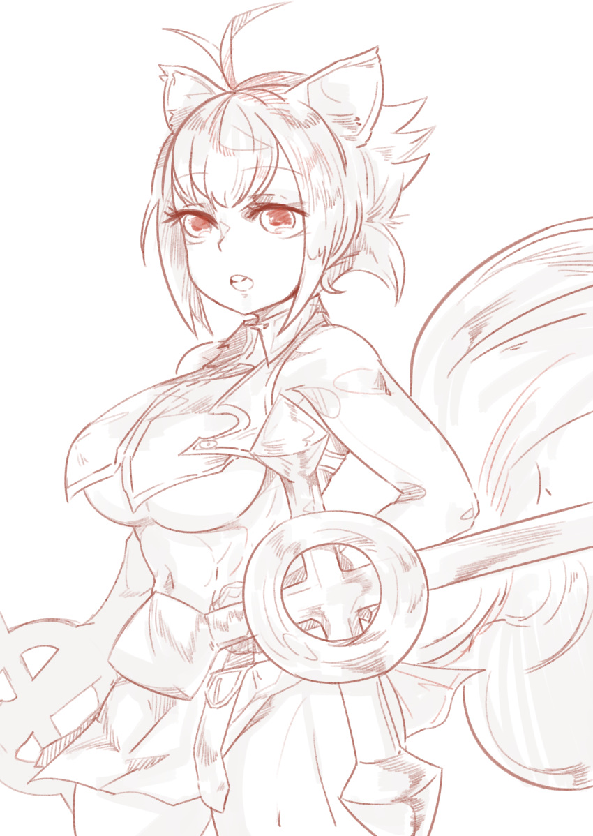 1girl aixk animal_ears antenna_hair blazblue breasts cowboy_shot crop_top dual_wielding highres large_breasts lineart makoto_nanaya miniskirt navel open_mouth revealing_clothes short_hair skirt solo squirrel_ears squirrel_tail tail tonfa under_boob weapon