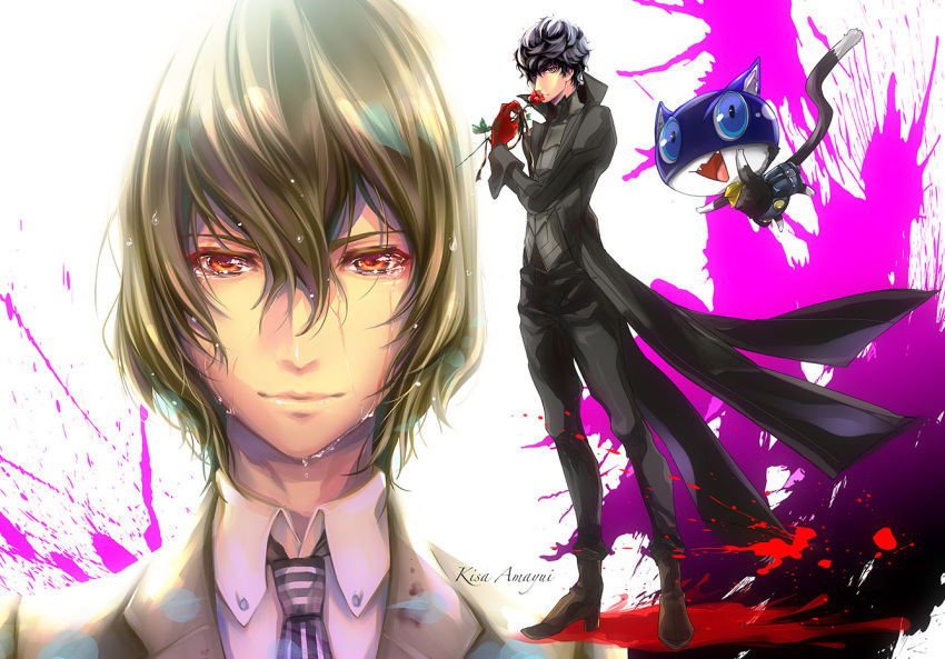 2boys akechi_gorou black_hair black_pants blood blood_splatter boots brown_boots brown_hair cat flower gloves kurusu_akira looking_at_viewer male_focus mitsuha_(bless_blessing) morgana_(persona_5) multiple_boys necktie open_mouth pants persona persona_5 red_eyes red_gloves rose smelling striped striped_necktie tears vest yaoi