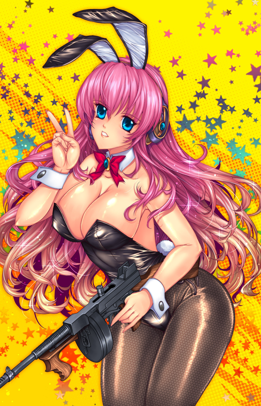1girl animal_ears black_legwear black_leotard blue_eyes bow bowtie breasts bunny_girl bunny_tail bunnysuit cowboy_shot detached_collar fishnet_pantyhose fishnets gun headphones headset highres john_r large_breasts leotard long_hair looking_at_viewer megurine_luka pantyhose parted_lips pink_hair rabbit_ears red_neckwear solo star starry_background strapless strapless_leotard submachine_gun tail thompson_submachine_gun v vocaloid weapon wrist_cuffs yellow_background