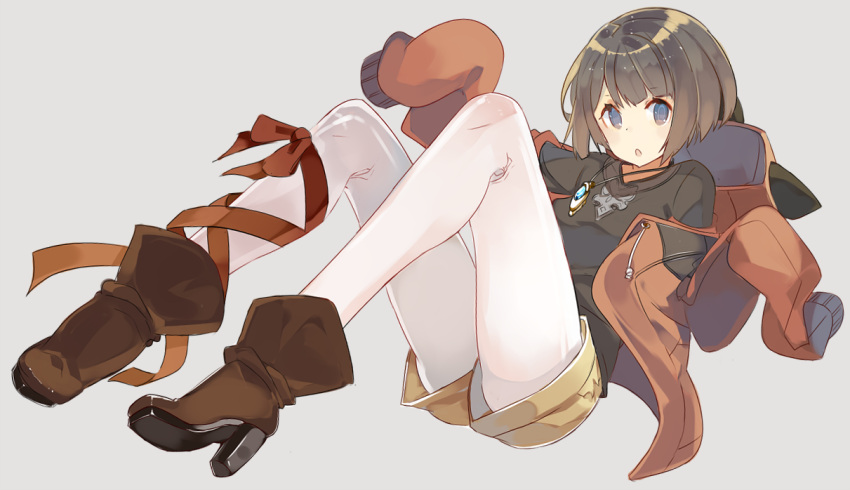1girl :o ankle_boots bangs beige_shorts black_shirt blue_eyes blush boots brown_boots brown_hair eyebrows_visible_through_hair grey_background hands_in_sleeves high_heel_boots high_heels hood hoodie looking_at_viewer nekoglasses open_mouth original pantyhose shirt short_hair short_shorts shorts simple_background sitting sleeves_past_wrists solo thighs tights_day white_legwear