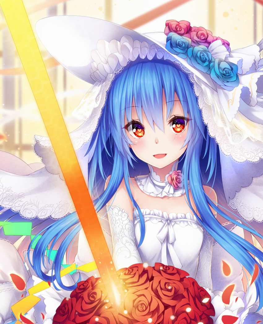 1girl alternate_costume bangs bare_shoulders blue_hair blue_rose bouquet chabaneko detached_collar dress elbow_gloves flower gloves hair_between_eyes hat hat_flower highres hinanawi_tenshi long_hair looking_at_viewer red_eyes red_rose rose smile solo sword_of_hisou touhou very_long_hair wedding_dress white_dress white_gloves white_hat