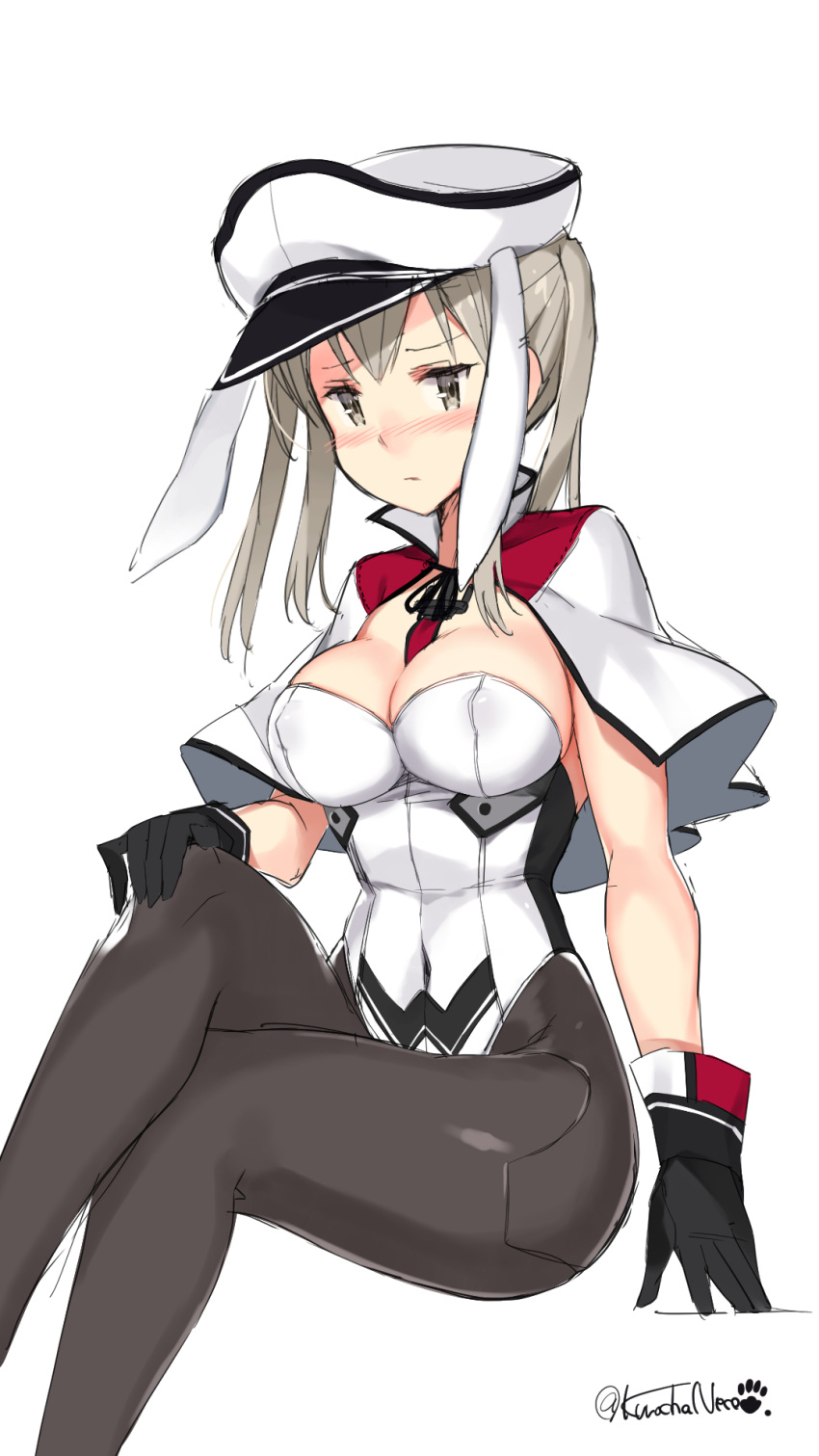 1girl animal_ears black_gloves black_legwear blush breasts bunnysuit capelet covered_navel erect_nipples fake_animal_ears gloves graf_zeppelin_(kantai_collection) grey_eyes grey_hair hand_on_own_knee hat highres invisible_chair kantai_collection kuro_chairo_no_neko large_breasts legs_crossed leotard pantyhose peaked_cap rabbit_ears simple_background sitting sketch solo twintails twitter_username white_background