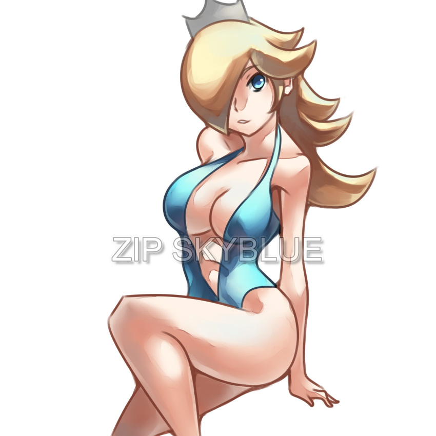 1girl bare_shoulders blonde_hair blue_eyes breasts crown hair_over_one_eye highres large_breasts long_hair super_mario_bros. navel nintendo rosetta_(mario) ryukenden solo super_mario_bros. super_mario_galaxy swimsuit white_background