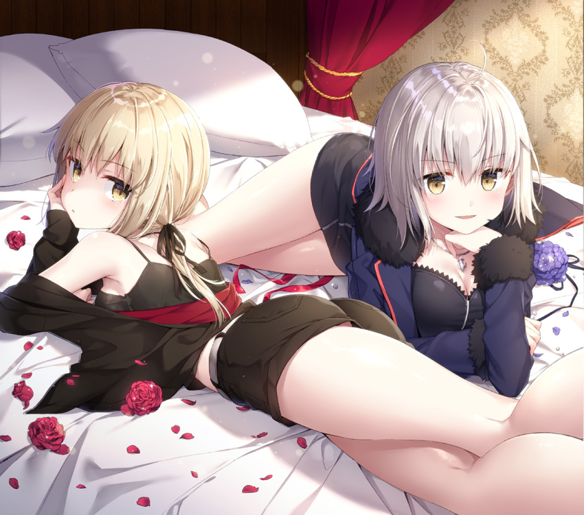 2girls ass bed bed_sheet black_jacket black_shirt black_shorts blonde_hair blue_jacket breasts canopy_bed cleavage cushion elbow_rest fate/grand_order fate_(series) from_behind hair_between_eyes indoors jacket jeanne_alter kneepits large_breasts looking_at_viewer lying masuishi_kinoto multiple_girls on_stomach parted_lips petals ruler_(fate/apocrypha) saber saber_alter shirt shorts silver_hair sleeveless sleeveless_shirt smile tank_top thighs yellow_eyes