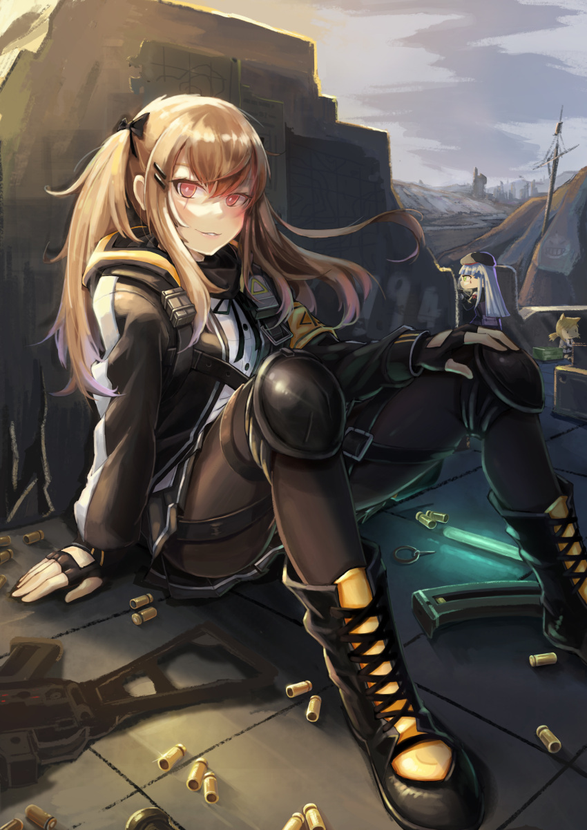 3girls absurdres beret blonde_hair boots brown_hair fingerless_gloves girls_frontline gloves gun h&amp;k_ump hat heckler_&amp;_koch highres hk416_(girls_frontline) idw_(girls_frontline) jacket knee_pads long_hair looking_at_viewer multiple_girls pantyhose pink_eyes ruins scar scar_across_eye shell_casing silver_hair smile submachine_gun twintails ump9_(girls_frontline) weapon