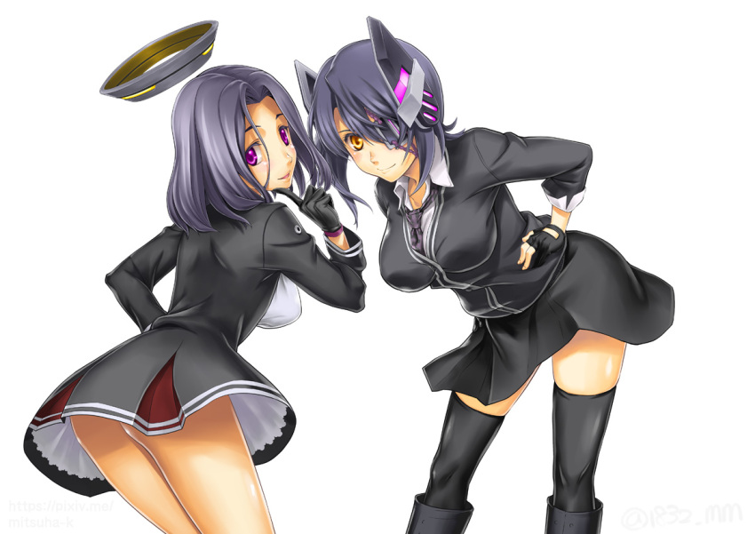 2girls ass black_gloves black_legwear black_skirt boots breasts checkered checkered_necktie eyepatch finger_to_chin gloves headgear kantai_collection kawashima_mitsuha large_breasts leaning_forward looking_at_viewer looking_back mechanical_halo multiple_girls necktie partly_fingerless_gloves purple_hair short_hair simple_background skirt smile tatsuta_(kantai_collection) tenryuu_(kantai_collection) thigh-highs violet_eyes white_background yellow_eyes