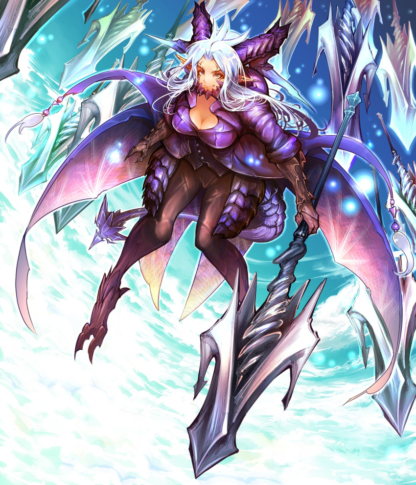&gt;:) 1girl armor armored_dress black_eyes black_pants breasts cleavage dragon_girl dragon_horns dragon_tail dragon_wings full_body gauntlets highres holding holding_weapon horns large_breasts long_hair masayoshi original pants pointy_ears polearm silver_hair solo spear tail weapon wings