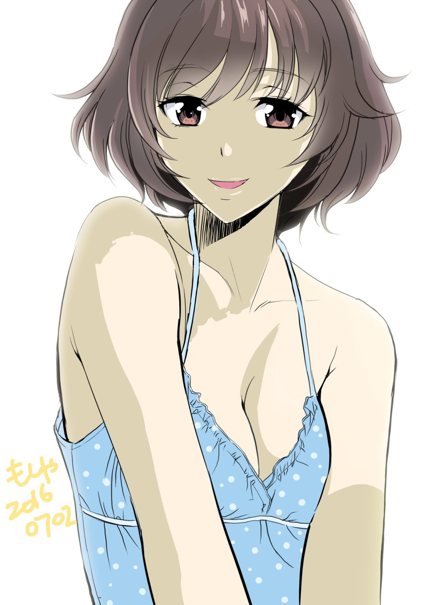 1girl akiyama_yukari bangs blue_shirt breasts brown_eyes brown_hair camisole casual cleavage dated frilled_shirt frills girls_und_panzer highres looking_at_viewer medium_breasts messy_hair parted_lips polka_dot polka_dot_shirt portrait shirt short_hair signature smile solo spaghetti_strap takano_yuki_(mangaka)