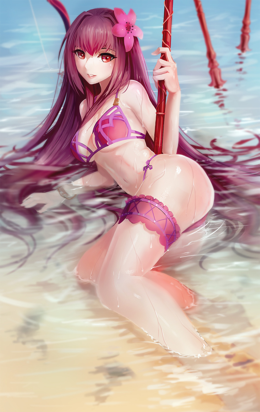 1girl bikini brown_hair derivative_work fate/grand_order fate_(series) flower hair_flower hair_ornament haohe_buguo hibiscus highres long_hair looking_at_viewer parted_lips partially_submerged pink_bikini red_eyes scathach_(fate/grand_order) scathach_(swimsuit_assassin)_(fate) smile solo swimsuit water