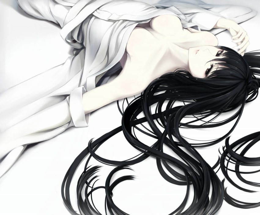 1girl black_eyes black_hair breasts breasts_apart erise hair_between_eyes hair_spread_out japanese_clothes long_hair lying medium_breasts no_bra on_back original outstretched_arm parted_lips revision smile solo very_long_hair