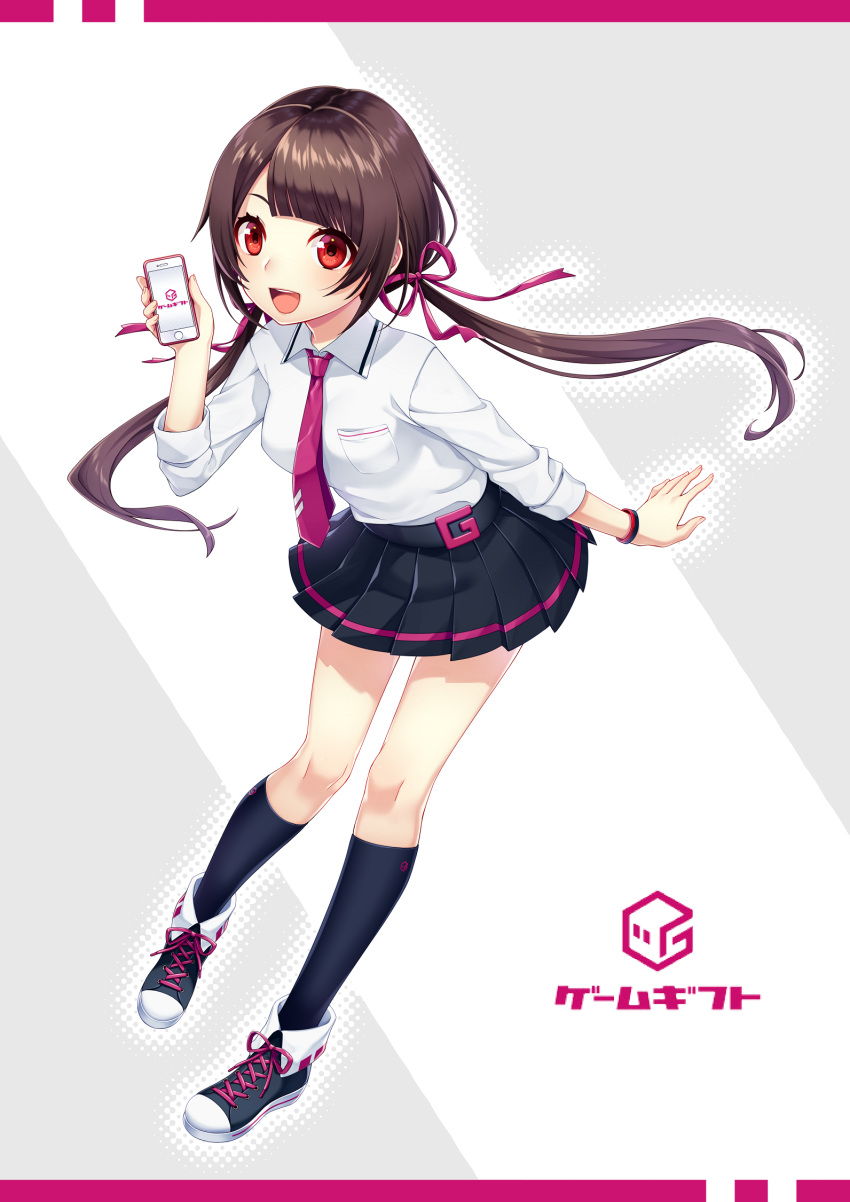 1girl :d bangs black_legwear black_skirt blunt_bangs brown_hair cellphone converse copyright_name floating_hair full_body gamegift hair_ribbon highres holding holding_phone kneehighs leaning_forward long_hair looking_at_viewer low_twintails necktie open_mouth original phone pleated_skirt purple_necktie purple_ribbon red_eyes ribbon sakura_chiyo_(konachi000) shirt shoes skirt sleeves_past_elbows smartphone smile sneakers solo teeth twintails white_shirt wristband