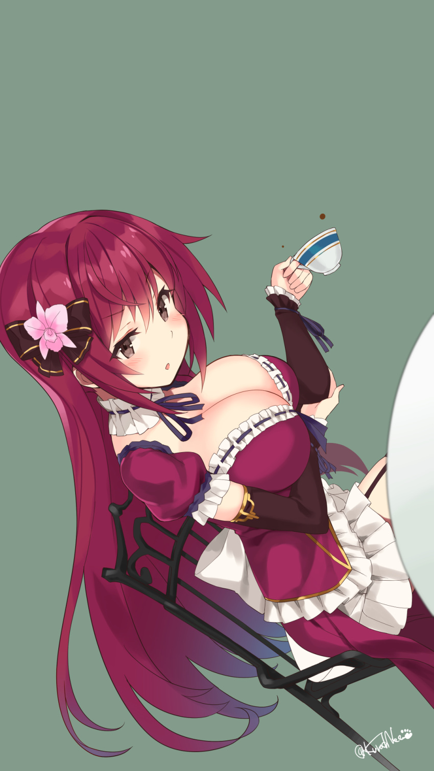 1girl blush breasts brown_eyes cattleya_(flower_knight_girl) cleavage cup dress flower_knight_girl garter_straps highres kuro_chairo_no_neko large_breasts long_hair looking_at_viewer open_mouth purple_hair simple_background sitting solo teacup
