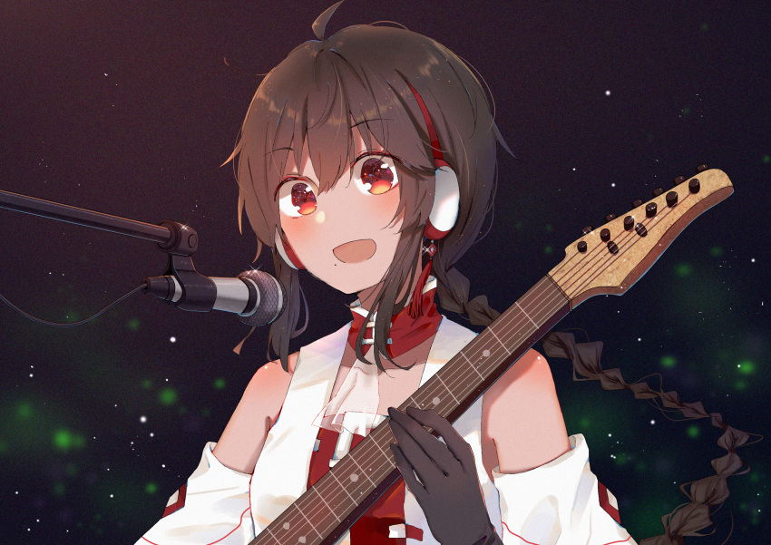 1girl :d ahoge bangs bare_shoulders black_gloves blurry blurry_background blush body_blush braid collarbone cravat dark_background detached_collar detached_sleeves glint gloves guitar hair_between_eyes headphones highres instrument long_hair microphone mimengfeixue mole mole_under_mouth music open_mouth playing_instrument red_eyes see-through sidelocks singing single_braid smile solo tareme upper_body very_long_hair vest vocaloid vocanese yuezheng_ling