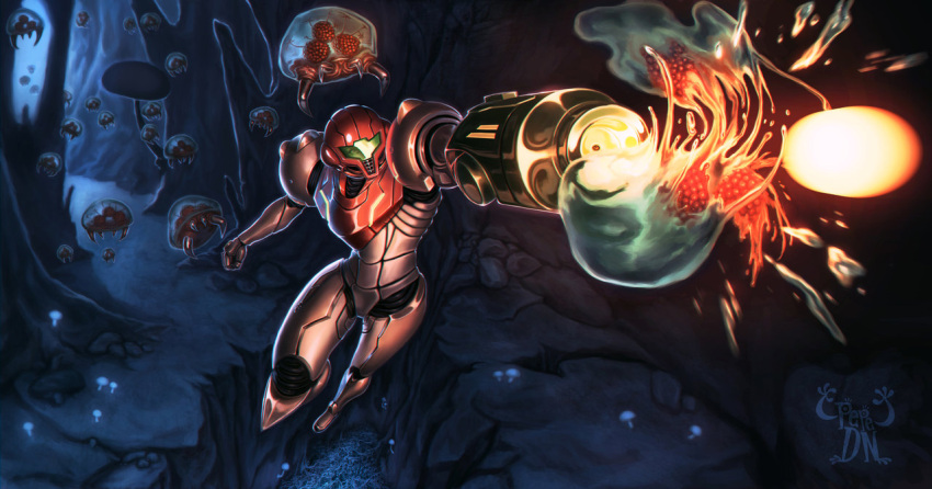 1girl arm_cannon armor artist_name battle cave firing full_body helmet jose_juan_delgado_navarro jumping metroid metroid_(creature) mushroom outstretched_arm pauldrons power_armor revision samus_aran signature varia_suit visor watermark weapon