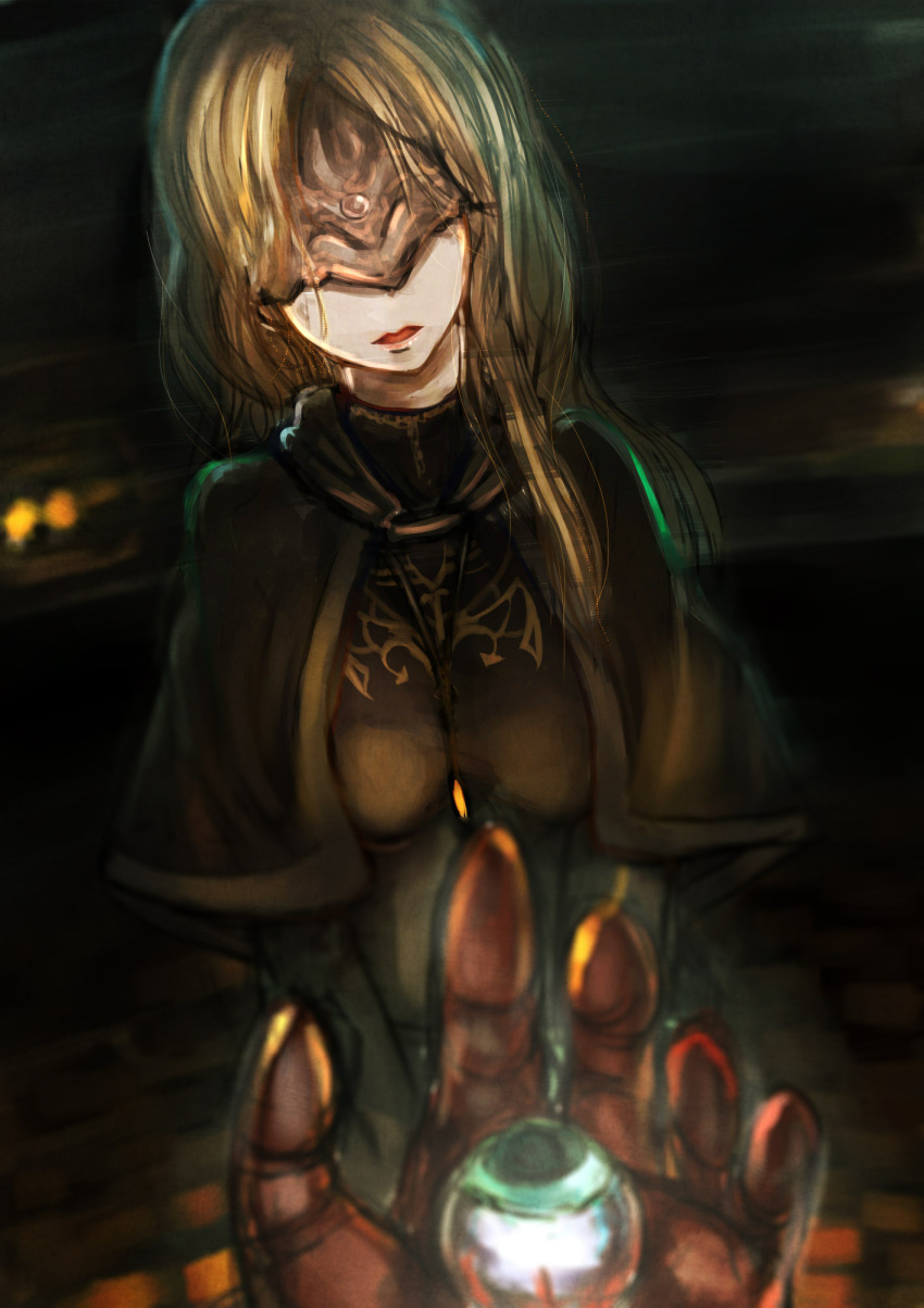 1girl blonde_hair breasts capelet covered_eyes dark_souls dark_souls_iii eyes face_mask fire_keeper highres long_hair mask medium_breasts parted_lips solo solo_focus souls_(from_software) v_arms