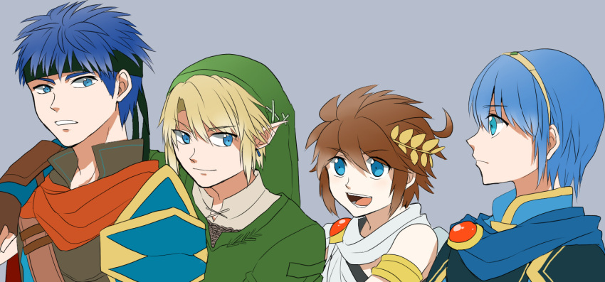 4boys armor blonde_hair blue_eyes blue_hair cape fire_emblem fire_emblem:_mystery_of_the_emblem fire_emblem:_souen_no_kiseki hat headband ike kid_icarus kid_icarus_uprising kinagi_(3307377) link looking_at_viewer male_focus marth multiple_boys open_mouth pit_(kid_icarus) pointy_ears smile super_smash_bros. the_legend_of_zelda the_legend_of_zelda:_twilight_princess tunic