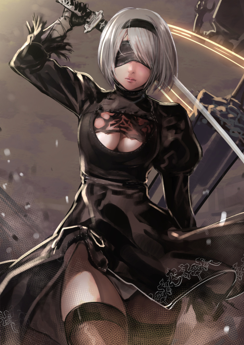 1girl akechi_shizuku blindfold breasts cleavage cleavage_cutout expressionless feather_trim highres large_breasts nier_(series) nier_automata panties see-through silver_hair solo sword thigh-highs underwear walking weapon wind yorha_no._2_type_b zettai_ryouiki