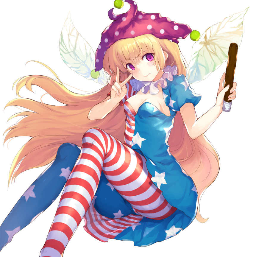 1girl abusoru american_flag_dress american_flag_legwear blonde_hair breasts cleavage clownpiece dress fairy_wings hat highres jester_cap long_hair looking_at_viewer neck_ruff pantyhose polka_dot short_dress sitting small_breasts solo star star_print striped torch touhou v very_long_hair violet_eyes wings