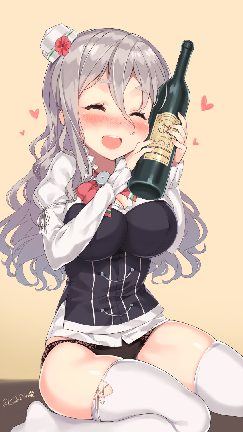 1girl :d ^_^ bangs black_panties blush bottle breasts cleavage closed_eyes erect_nipples eyebrows fingernails flower grey_hair hair_between_eyes happy hat hat_flower heart highres holding italian italian_flag kantai_collection kuro_chairo_no_neko large_breasts long_hair long_sleeves mini_hat no_pants nose_blush open_mouth panties paw_print pola_(kantai_collection) puffy_long_sleeves puffy_sleeves ribbon sitting skindentation sleeves_past_wrists smile solo teeth thick_eyebrows thigh-highs translated twitter_username underwear wariza wavy_hair white_legwear white_ribbon wine_bottle